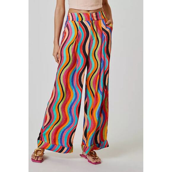 Farm Rio x Anthropologie Pants Large High Rise Striped Rainbow Wide Leg - Picture 1 of 10